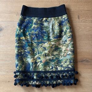 🦄 Anthropologie Tapestry Skirt with pom poms along hem